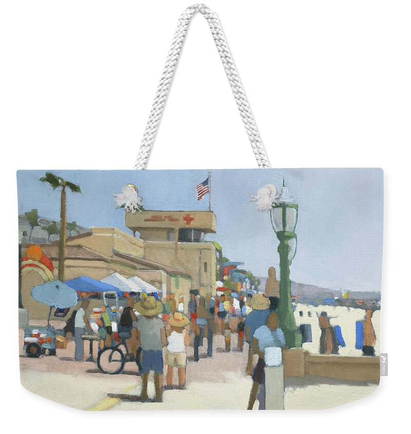 Mission Beach Weekender Tote Bag featuring the painting Boardwalk Activity by the Mission Beach Lifeguard Tower - San Diego, California by Paul Strahm