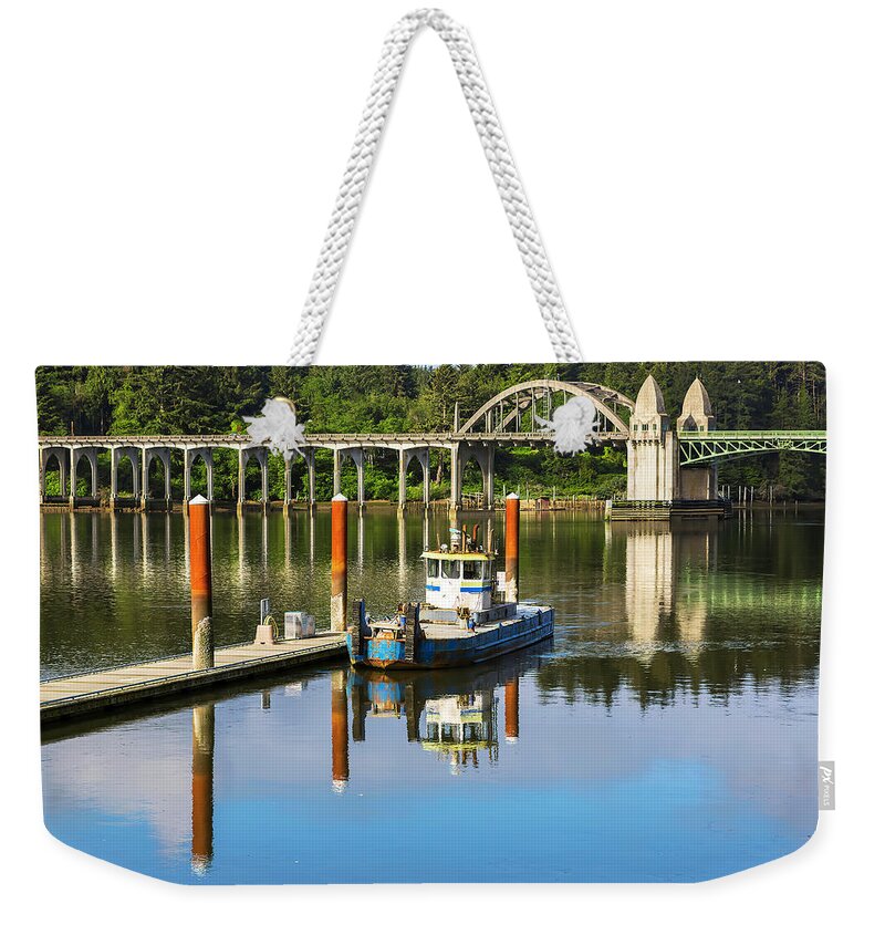 Boat Weekender Tote Bag featuring the photograph Boat and Bridge by Loyd Towe Photography
