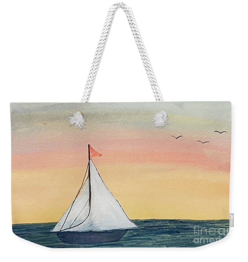 Sailboat Weekender Tote Bag featuring the painting Boat at Sunset by Lisa Neuman