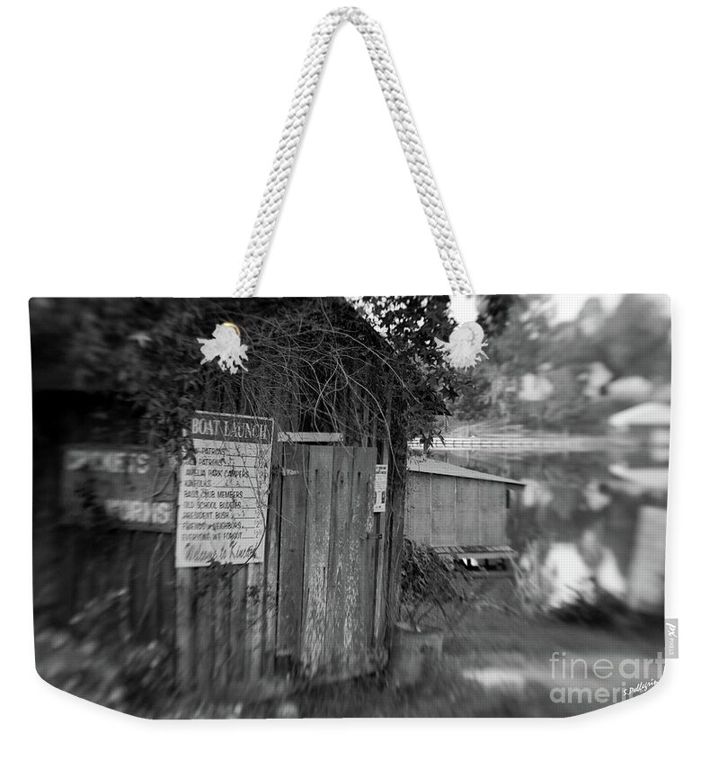 Outhouse Weekender Tote Bag featuring the photograph Boat Launch Outhouse - texture BW by Scott Pellegrin