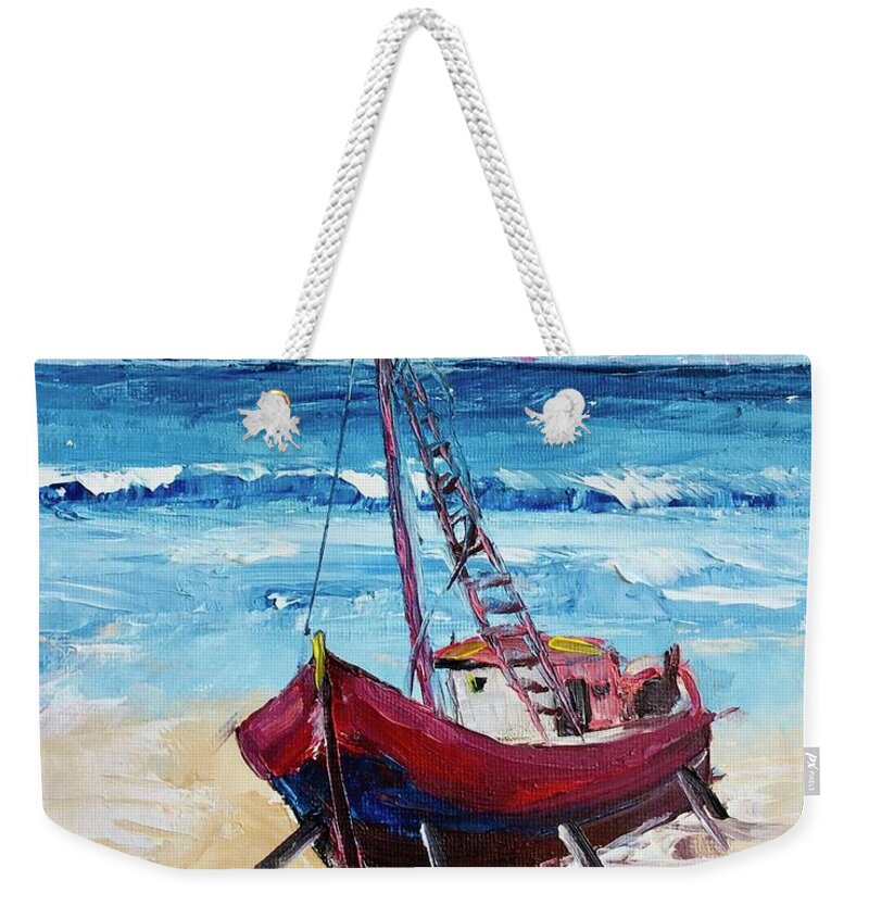 Old Weekender Tote Bag featuring the painting Boat on the beach by Lana Sylber