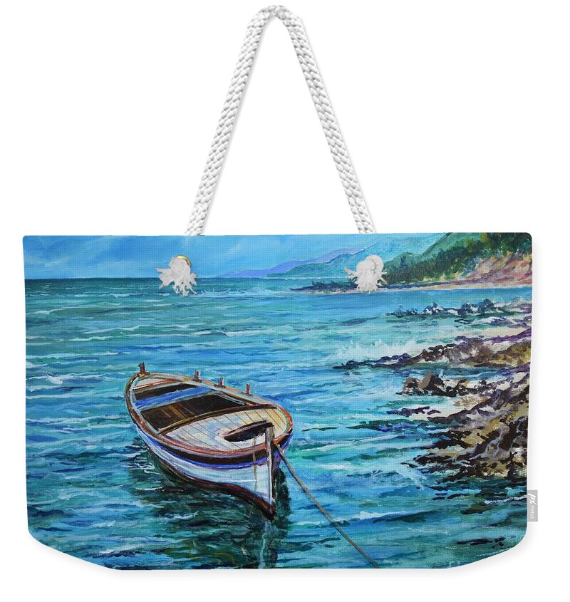 Beach And Waves Weekender Tote Bag featuring the painting Boat by Sinisa Saratlic