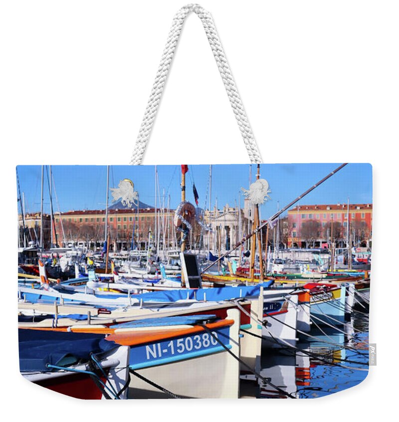 Boat Weekender Tote Bag featuring the photograph Boats in a Row by Andrea Whitaker