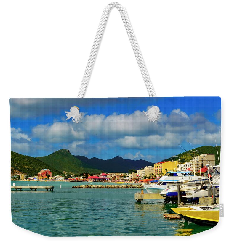 Boats; Travel; Color; Skies; Clouds; Water; Landscape Weekender Tote Bag featuring the photograph Boats in Saint Maarten by AE Jones