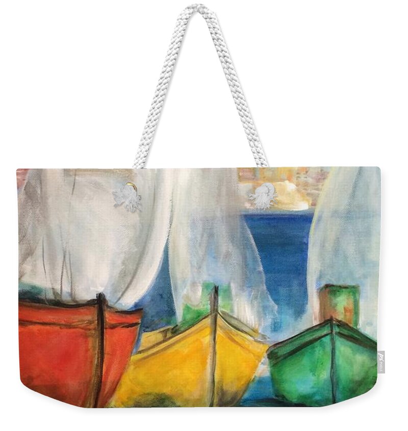 Altea Weekender Tote Bag featuring the painting Boats in the Marina, Altea by Lizzy Forrester