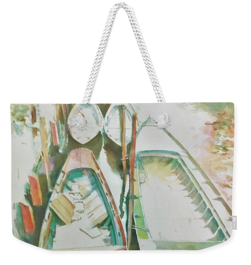 #boatsofvenice #boats #venice #italy #watercolor #watercolorpainting #canal #venicecanal #glenneff #thesoundpoetsmusic #picturerockstudio Weekender Tote Bag featuring the painting Boats of Venice by Glen Neff