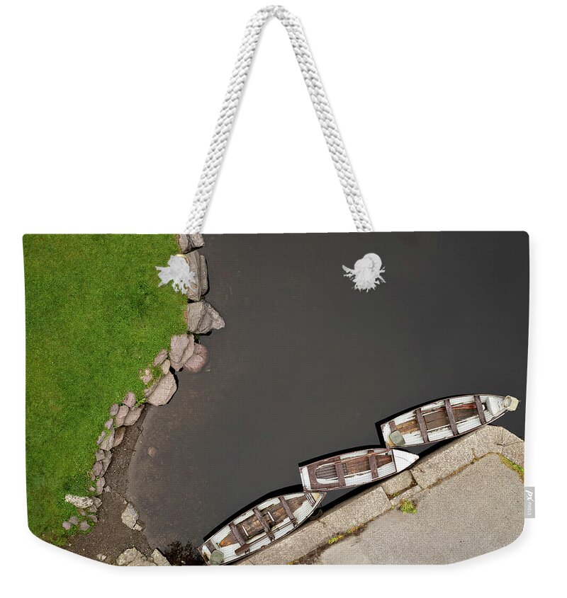 Minimal Weekender Tote Bag featuring the photograph Drone aerial of Boats on the river in a lake by Michalakis Ppalis