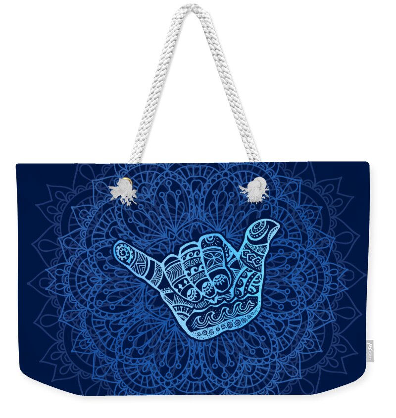 Hangloose Weekender Tote Bag featuring the digital art Boho Hang Loose Mandala - Blue by Laura Ostrowski