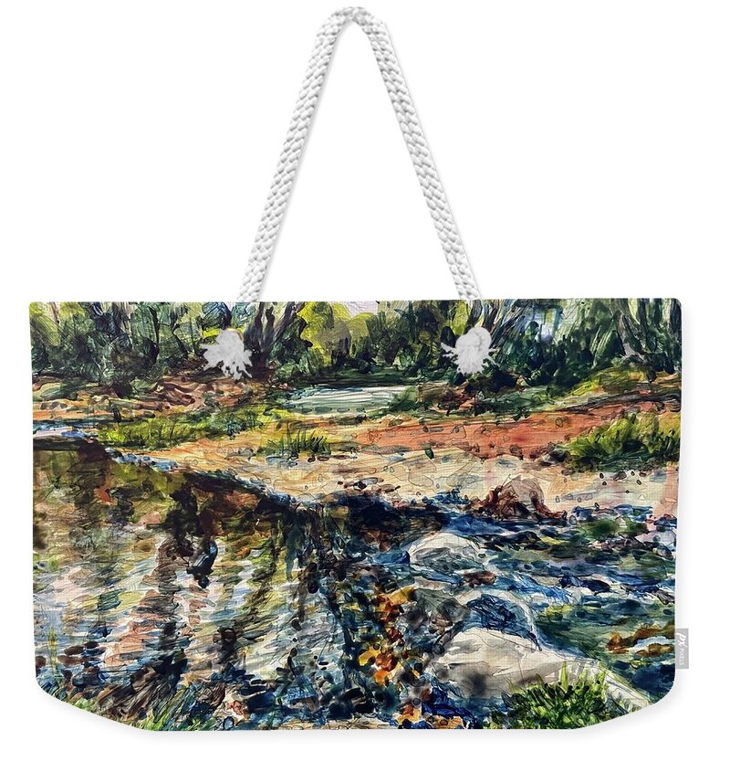 Yupo Weekender Tote Bag featuring the painting Boise River Backwater by Les Herman