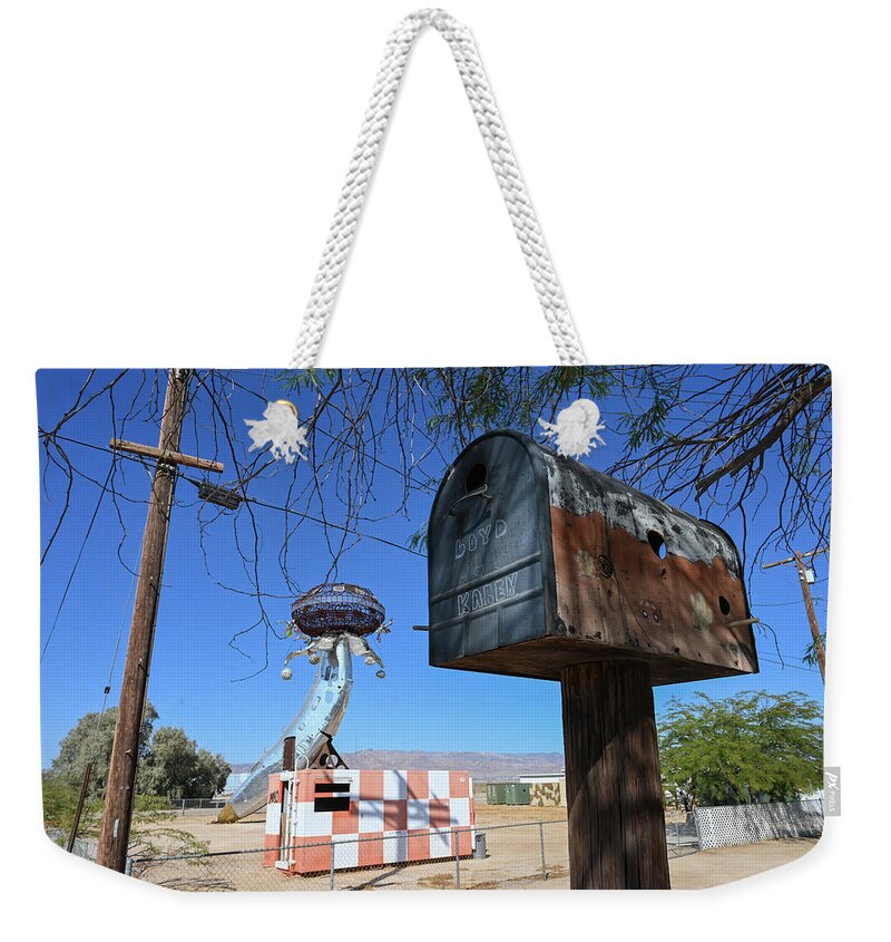 Salton Sea Weekender Tote Bag featuring the photograph Bombay Beach Mail Call by Chris Casas