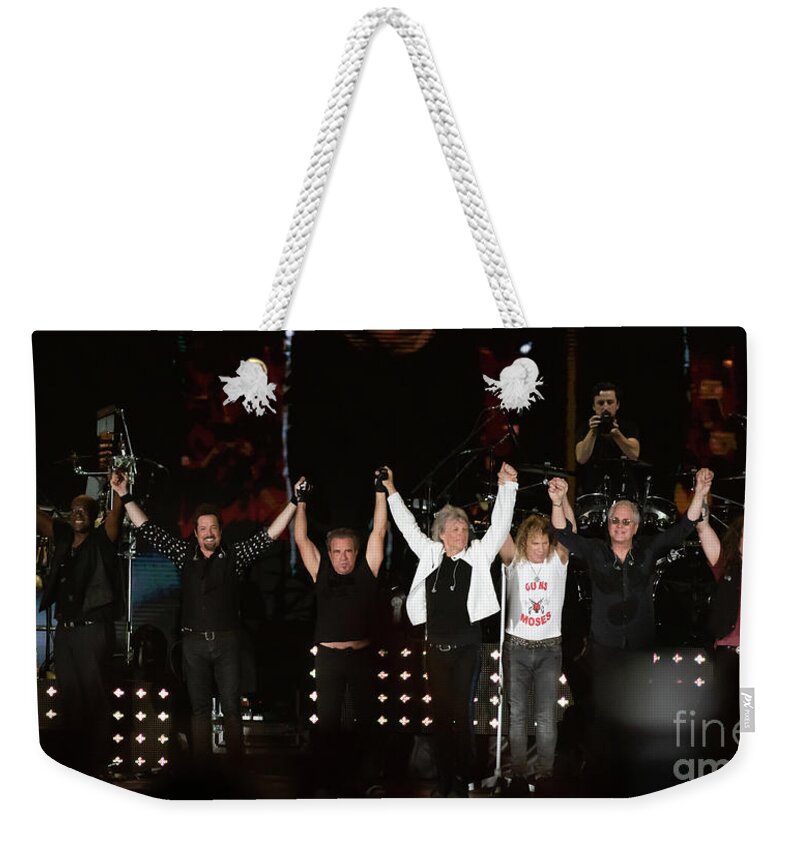 Bon Jovi Weekender Tote Bag featuring the pyrography Bon Jovi tour 2019 in Tel Aviv Israel y3 by Ran Levy