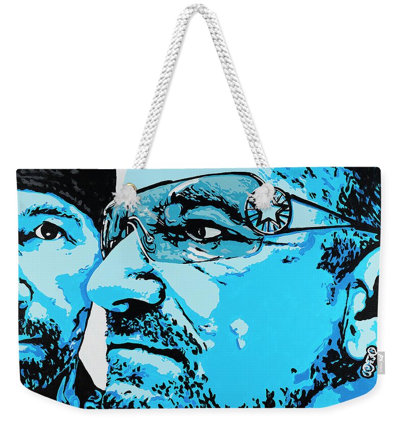 Bono Weekender Tote Bag featuring the painting The Edge and Bono by Steve Follman