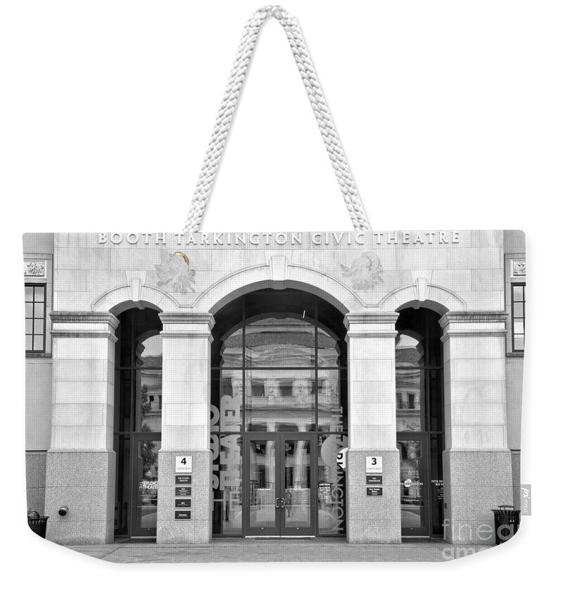 Booth Weekender Tote Bag featuring the photograph Booth Tarkington Theater Entrance Carmel Indiana Black And White by Adam Jewell