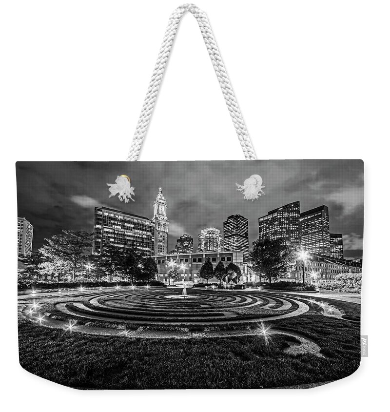 Boston Weekender Tote Bag featuring the photograph Boston Armenian Heritage Park Sculpture Boston MA Skyline Black and White by Toby McGuire