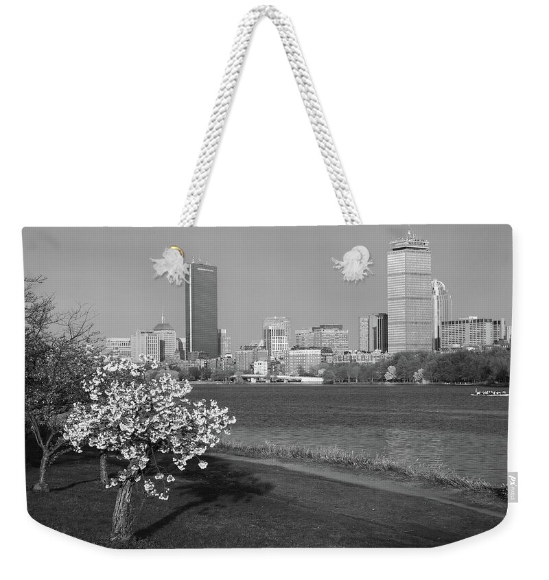 Boston Weekender Tote Bag featuring the photograph Boston Charles River on a Spring day Black and White by Toby McGuire