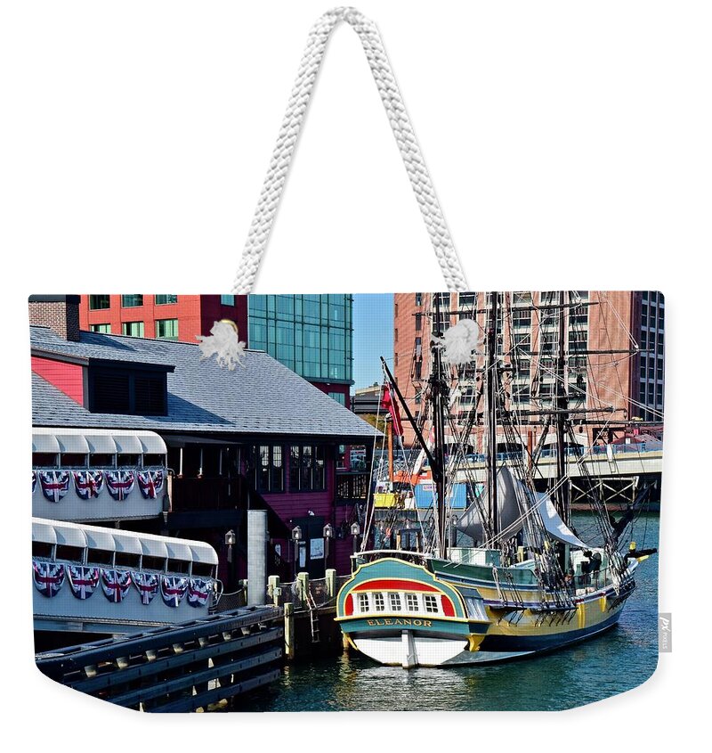 Boston Weekender Tote Bag featuring the photograph Boston Harbor Daytime tea Party Museum by Frozen in Time Fine Art Photography