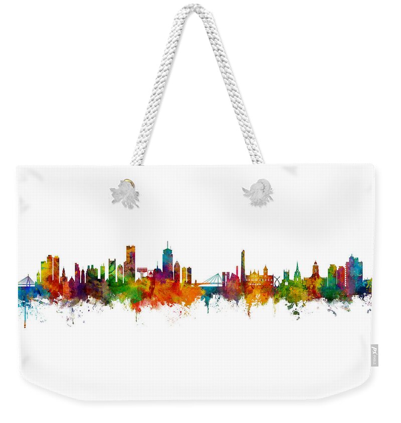 Boston Weekender Tote Bag featuring the digital art Boston MA and Northampton UK Skyline Mashup by Michael Tompsett