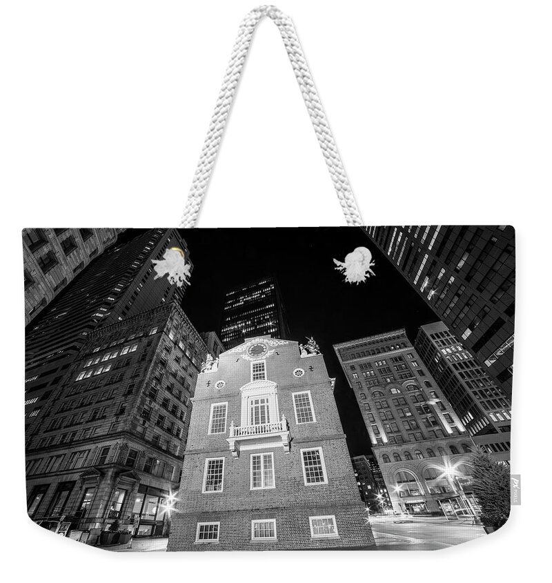 Boston Weekender Tote Bag featuring the photograph Boston Old State House Boston MA Street Lights Black and White by Toby McGuire