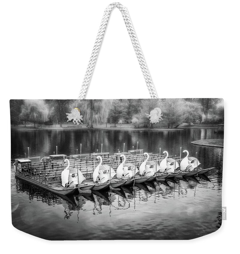 Boston Weekender Tote Bag featuring the photograph Boston Public Garden Swan Boats Black and White by Carol Japp