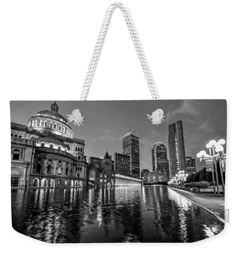 Boston Weekender Tote Bag featuring the photograph Boston Reflecting Pool Christian Science Church Black and White by Toby McGuire