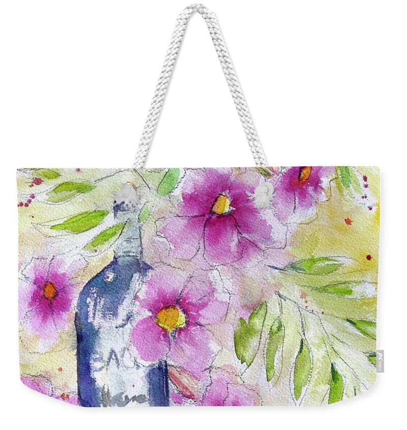 Wine Bottle Weekender Tote Bag featuring the painting Bottle and Blooms by Roxy Rich