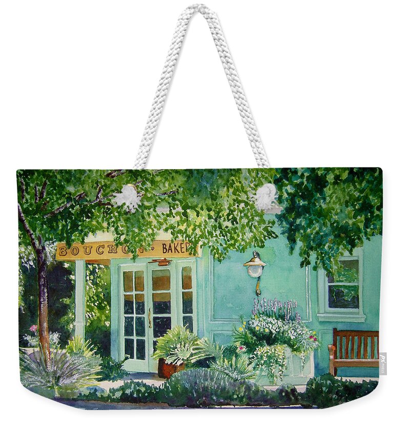 Landscape Weekender Tote Bag featuring the painting Bouchon Bakery in the Morning by Gail Chandler