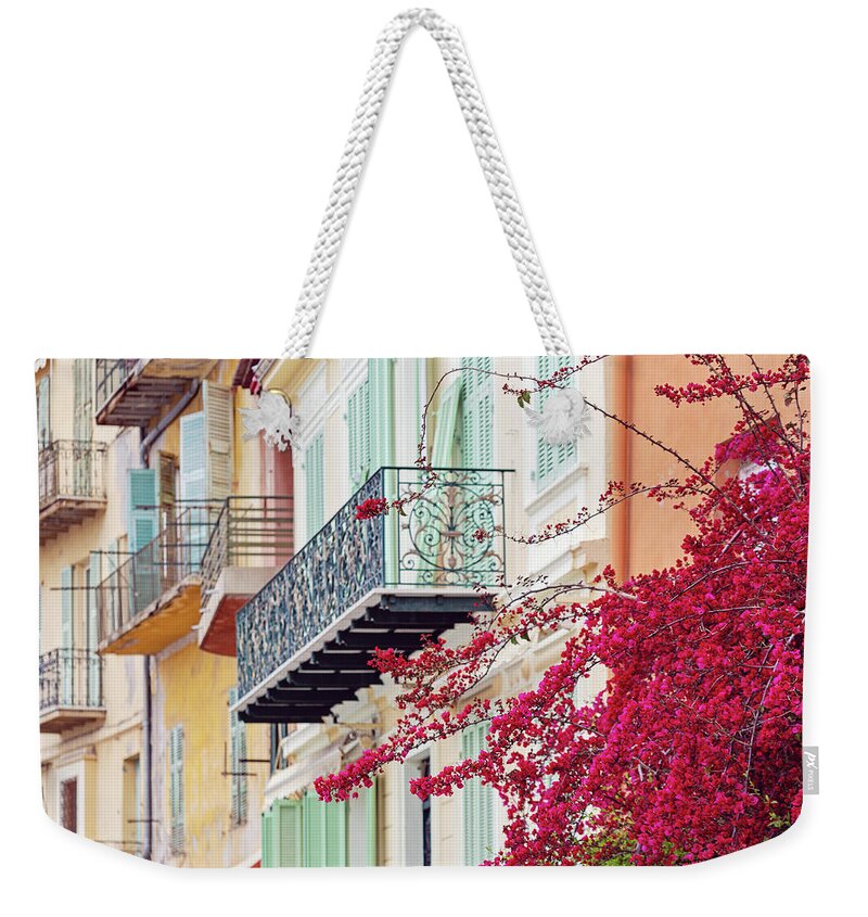 Bougainvillea Weekender Tote Bag featuring the photograph Bougainvillea in Villefranche Sur Mer by Melanie Alexandra Price
