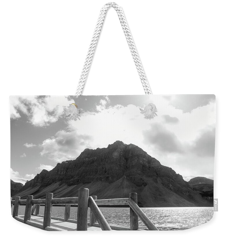Bow Lake Bridge Sunflare Weekender Tote Bag featuring the photograph Bow Lake Bridge Black And White by Dan Sproul