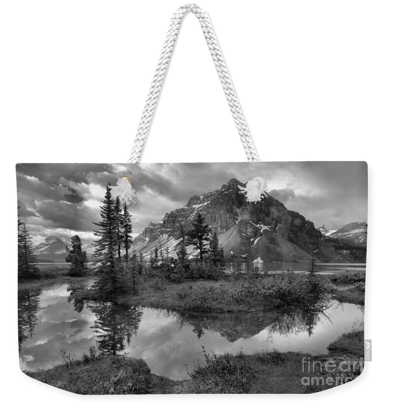 Bow Weekender Tote Bag featuring the photograph Bow Lake Wetlands Reflections Black And White by Adam Jewell