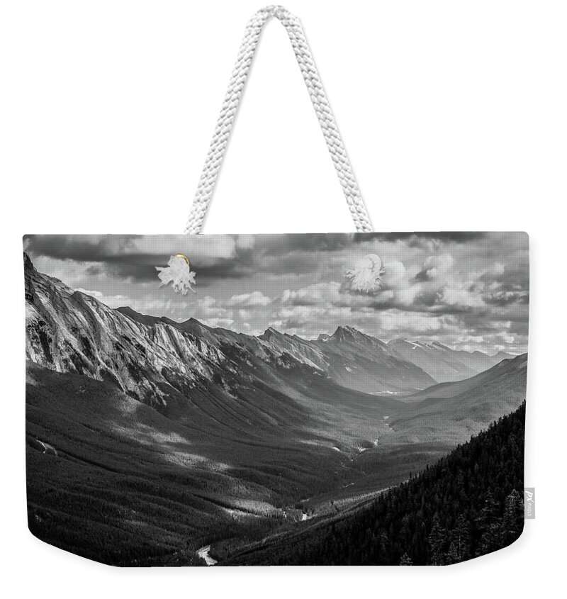 Bow Valley Weekender Tote Bag featuring the photograph Bow Valley Black And White by Dan Sproul