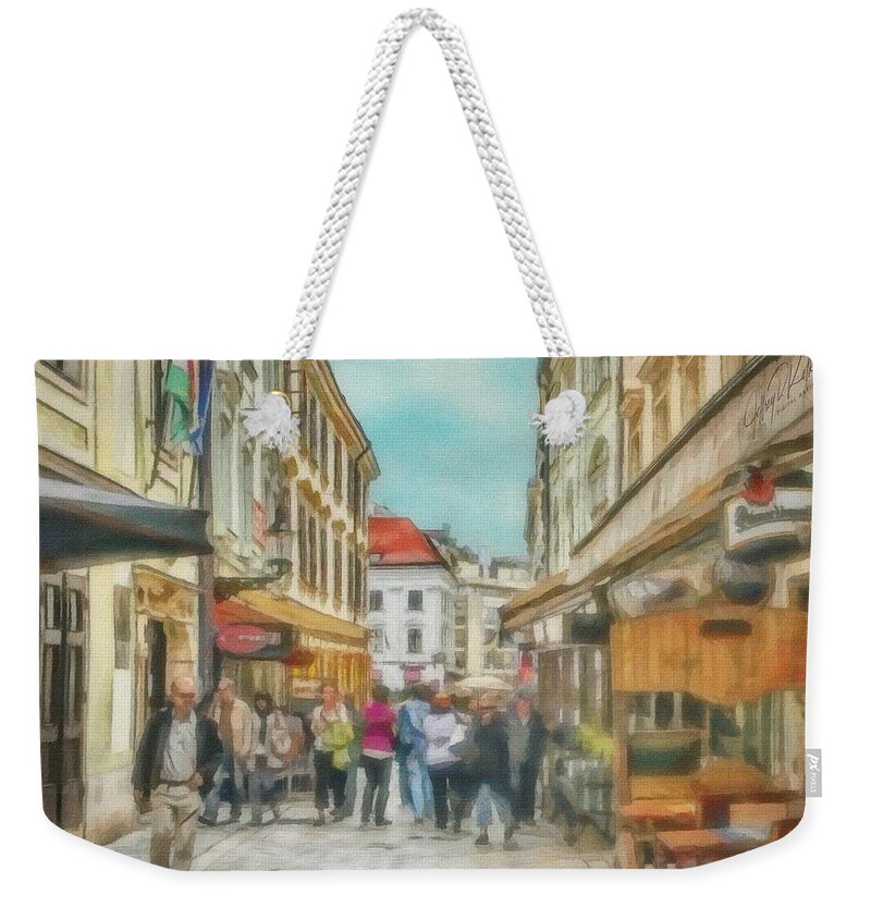 Bratislava Weekender Tote Bag featuring the painting Bratislava Street Scene by Jeffrey Kolker