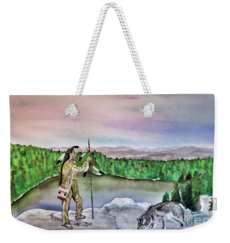Native Weekender Tote Bag featuring the painting Brave Grey Wolf by Gary Martinek