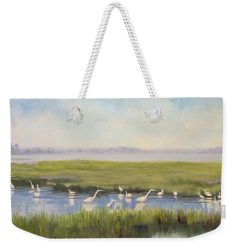 Impressionistic Marsh Weekender Tote Bag featuring the painting Breakfast Bar by Maggii Sarfaty