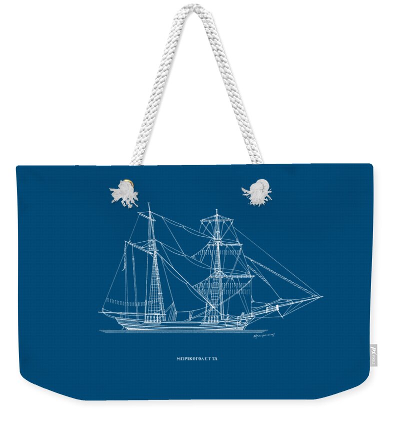 Sailing Vessels Weekender Tote Bag featuring the drawing Bricogoletta - traditional Greek sailing ship - blueprint by Panagiotis Mastrantonis
