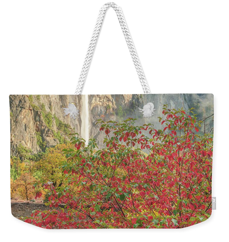Bridalveil Weekender Tote Bag featuring the photograph Bridalveil Fall and Red Leaf by Bill Roberts