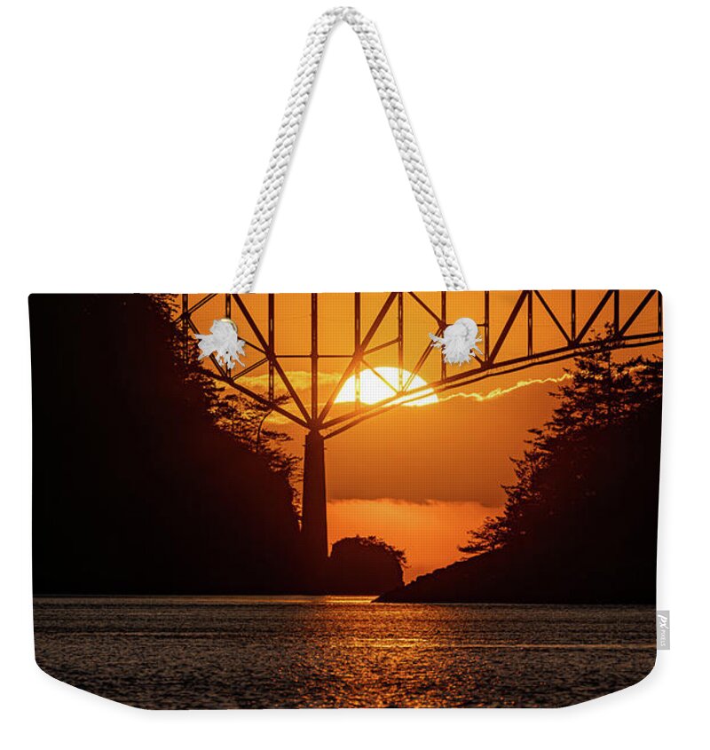 Bridge Weekender Tote Bag featuring the photograph Bridge and Sun by Gary Skiff