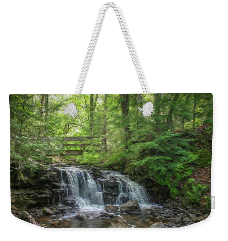 Oil Weekender Tote Bag featuring the photograph Bridge Over the Fall Painting by Robert Carter