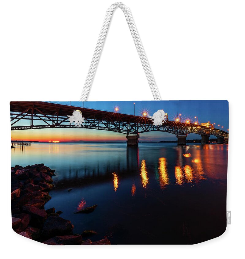Bridge Weekender Tote Bag featuring the photograph Bridge Over the York River at Dusk by Rachel Morrison