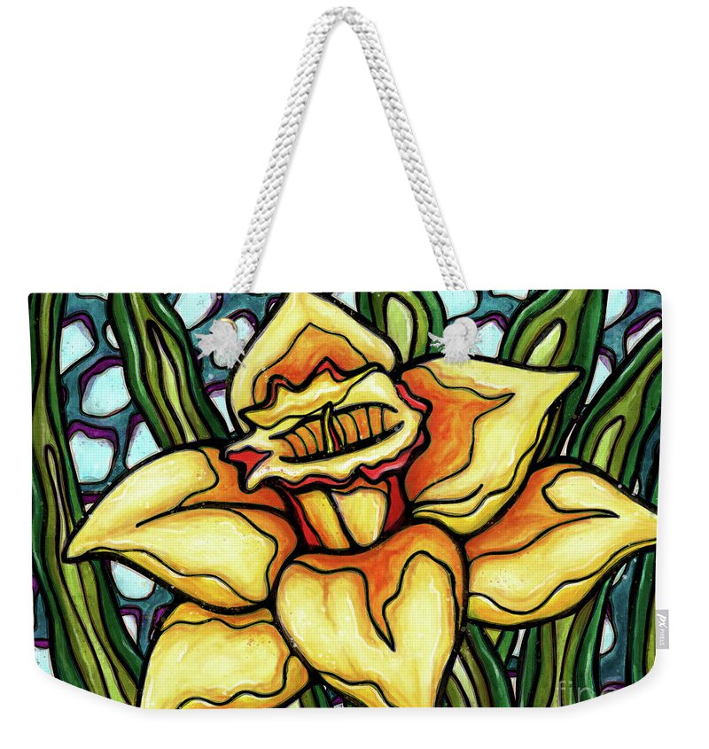 Daffodil Weekender Tote Bag featuring the painting Bright daffodil painting, yellow spring blossom by Nadia CHEVREL