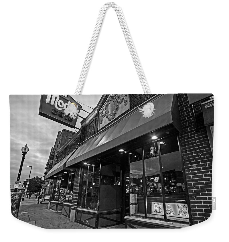 Allston Weekender Tote Bag featuring the photograph Brighton Ave Packard's Corner Allston MA Model Cafe Black and White by Toby McGuire