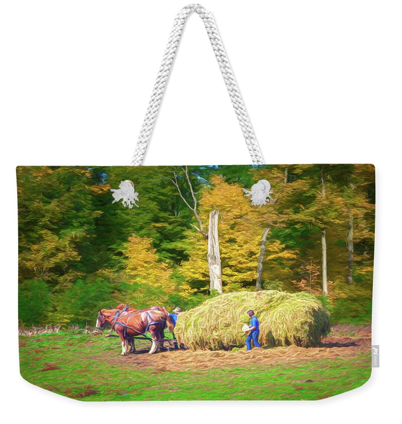 Amish Weekender Tote Bag featuring the photograph Bringing in the Hay by Tom Mc Nemar