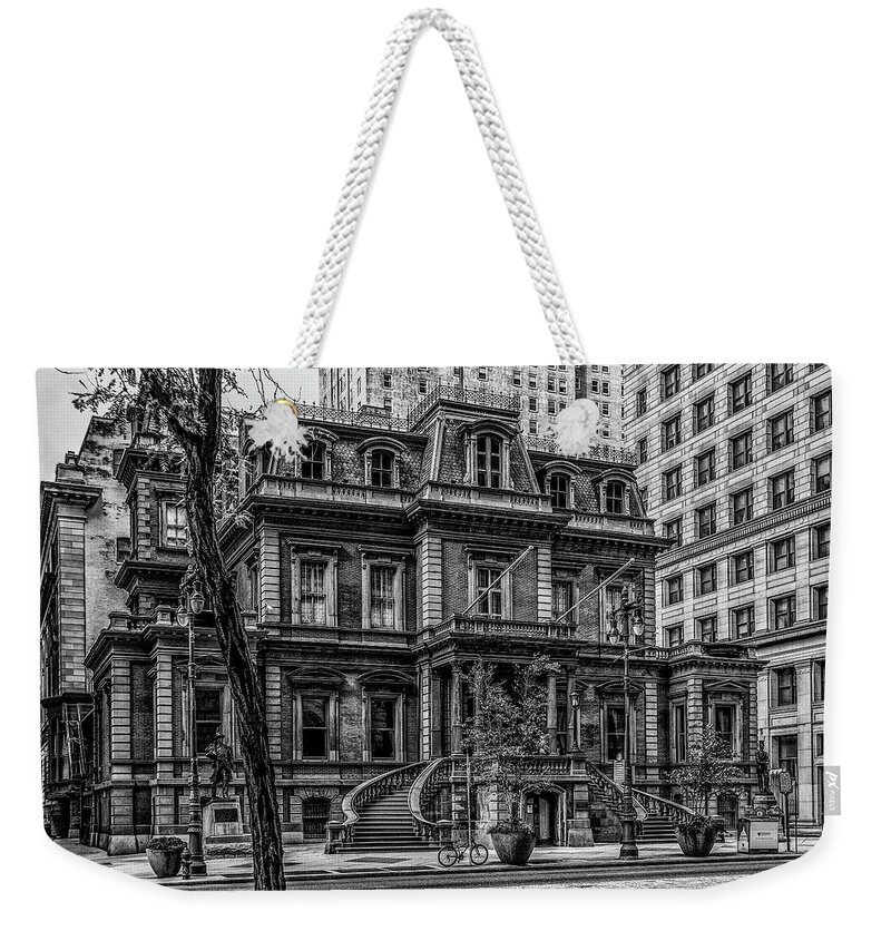 Black And White Weekender Tote Bag featuring the photograph Broad Street Philadelphia - The Union League Building in Black a by Bill Cannon