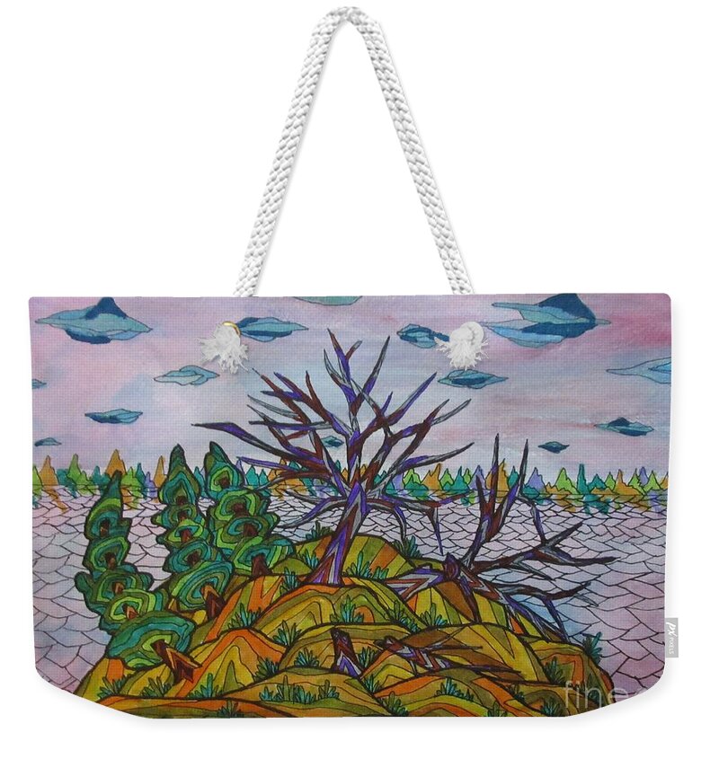 Island Trees Landscape Abstract Yellow Pillow Cushion Mask Ontario Canada Group Of 7 Decor Decrotive Office Weekender Tote Bag featuring the mixed media Broken Tree Island by Bradley Boug