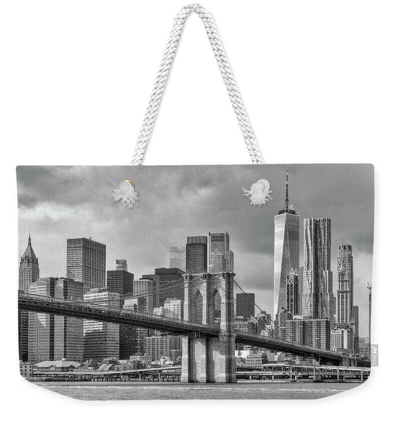 Brooklyn Bridge Weekender Tote Bag featuring the photograph Brooklyn Bridge and Lower Manhattan by Cate Franklyn