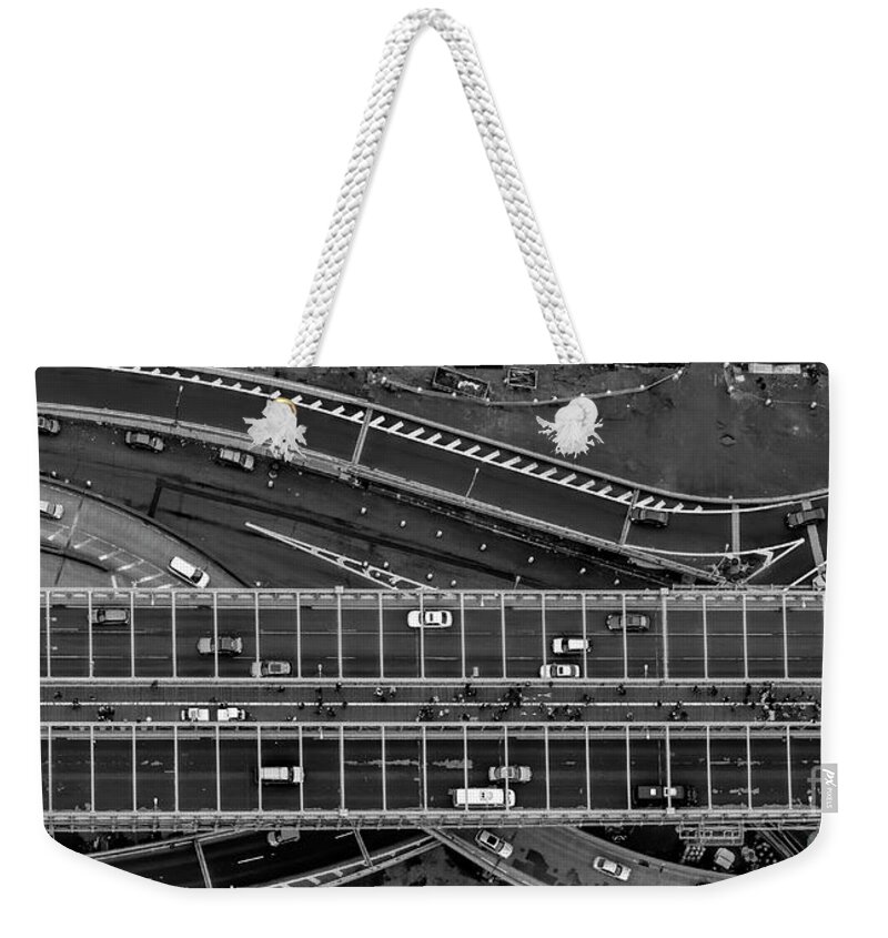 Brooklyn Bridge Weekender Tote Bag featuring the photograph Brooklyn Bridge Vertical Aerial View by David Oppenheimer