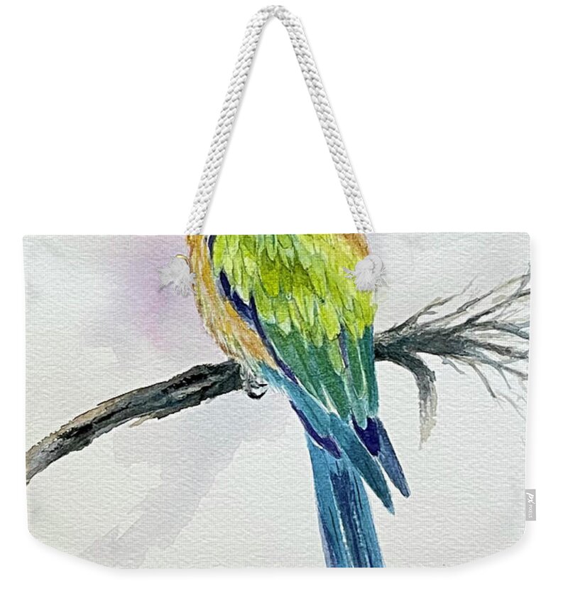 Bird Weekender Tote Bag featuring the painting Brown Bird on Branch by Hilda Vandergriff
