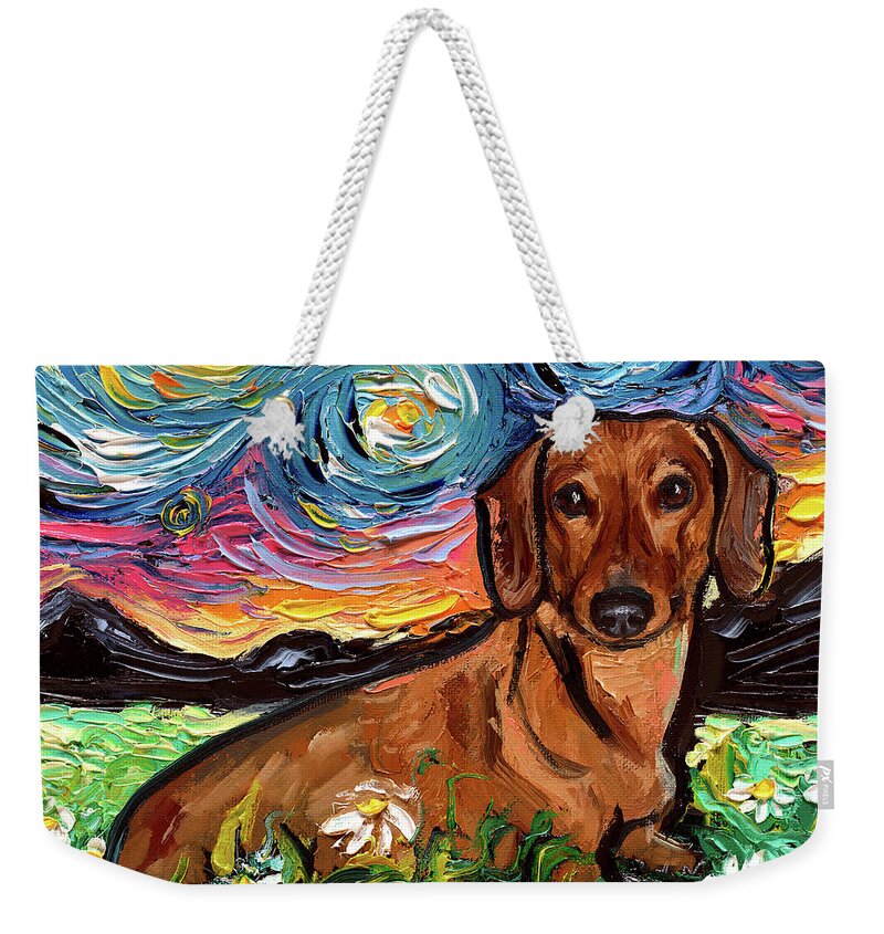 Brown Dachshund Weekender Tote Bag featuring the painting Brown Dachshund Night 2 by Aja Trier
