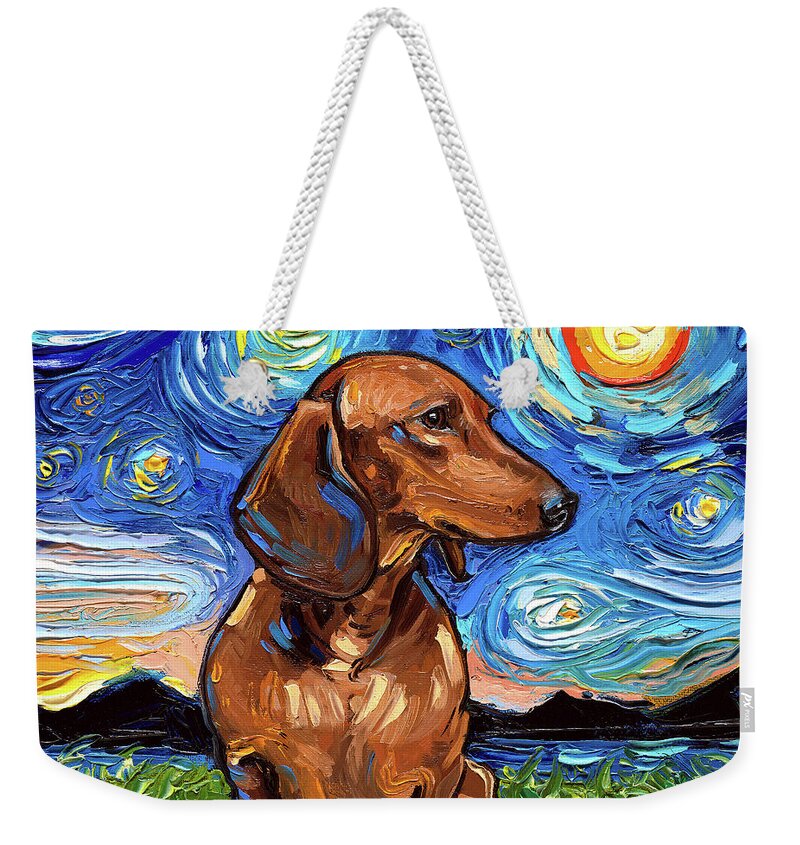 Dachshund Weekender Tote Bag featuring the painting Brown Dachshund Night by Aja Trier