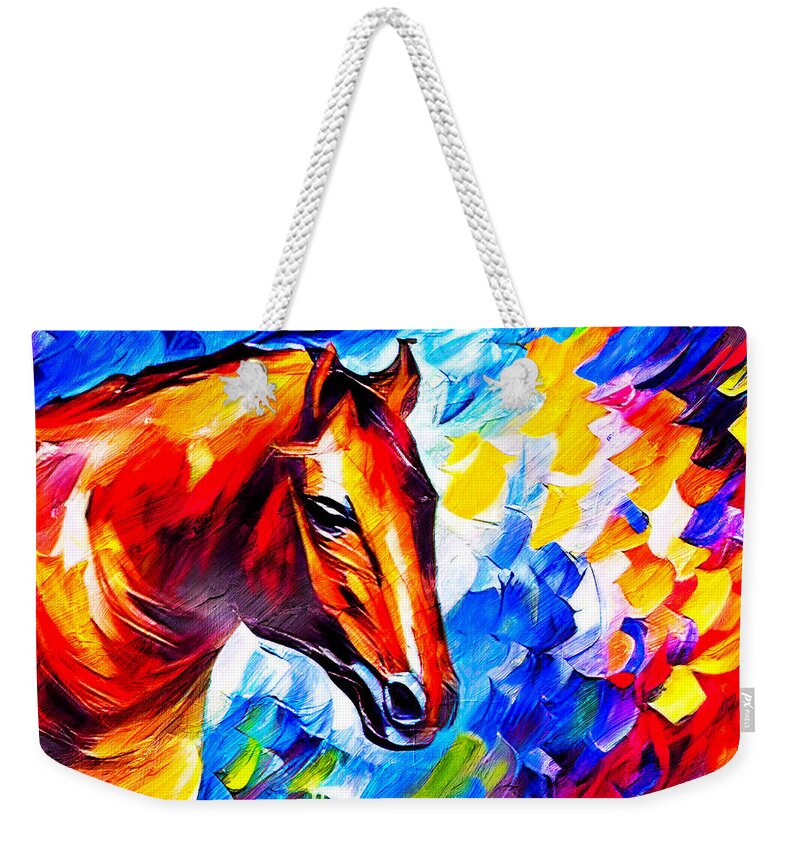 Horse Weekender Tote Bag featuring the digital art Brown horse portrait on a colorful blue, red and yellow background by Nicko Prints