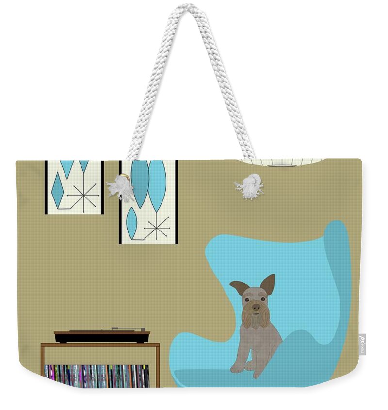Mini Schnauzer Dog Weekender Tote Bag featuring the digital art Brown Mini Schnauzer with Record Player by Donna Mibus